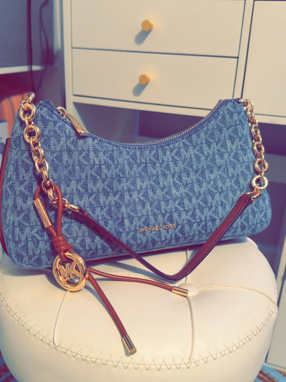 Michael Kors Nolita Medium Signature Logo Print Denim Convertible Shoulder Bag